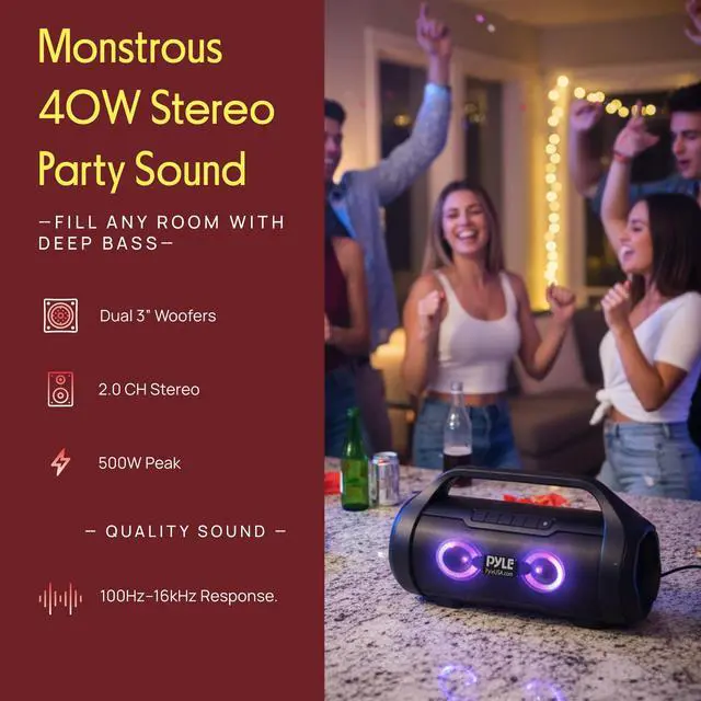 Alt view image 4 of 7 - Portable Bluetooth Boombox Speaker - 40W Max Power, 2.0 Channel Rechargeable Barrel Style Speaker with TWS, LED Lights - AUX In, USB-C, MicroSD Card and FM Radio, Voice Control - PBMWP185