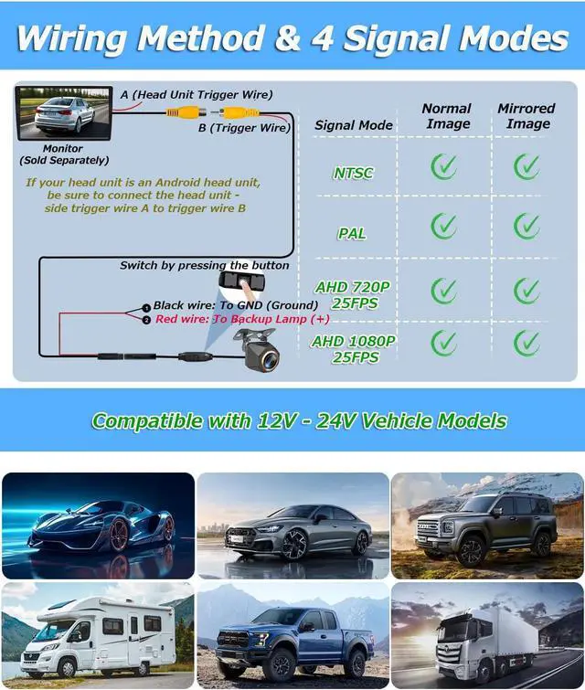 Alt view image 4 of 6 - 1080P Backup Camera for Car, 3MP 170° AHD CVBS Universal Rear View Camera with Night Vision & 4 Modes,12-24V, IP68K, Guide Line, Mirror/Normal Switch,Rear/Front/Side cam for car,SUV,truck, large truck