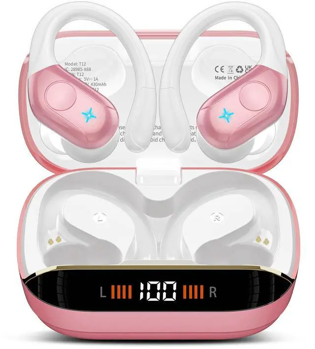 Main image of Wireless Earbuds Bluetooth 5.4 Headphones Sports, 75H Stereo Deep Bass Over Ear Buds with Earhooks, Bluetooth Earbuds with 4 ENC Mic, LED Display, IP7 Waterproof Earphone for Running, Pink