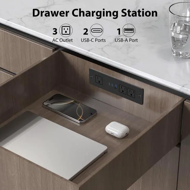 Alt view image 3 of 7 - Drawer Outlet Kit with 65W USB C Fast Charging Station | Recessed Power Outlet with 3 USB Ports & 3 AC Outlets, Furniture Flush Mount Power Strip for Home Office 6ft Black Cord