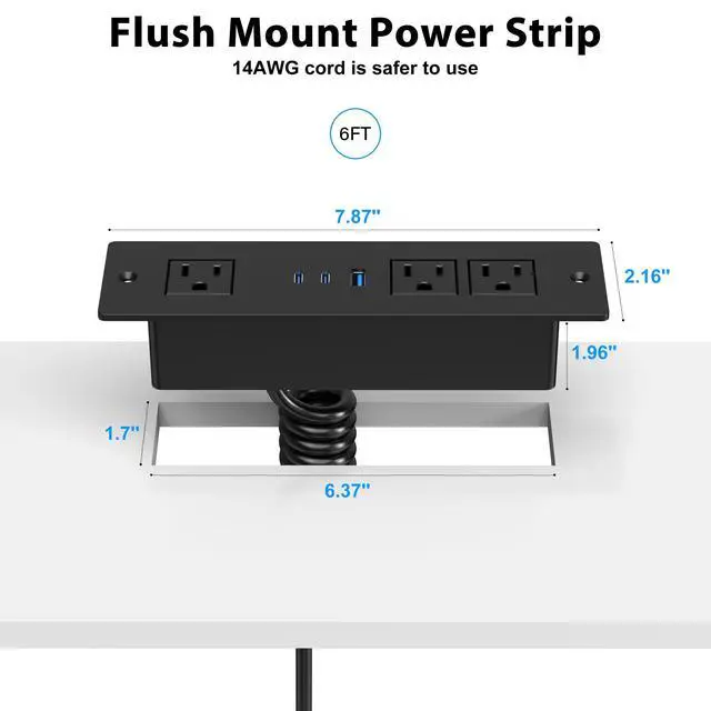 Alt view image 6 of 7 - Drawer Outlet Kit with 65W USB C Fast Charging Station | Recessed Power Outlet with 3 USB Ports & 3 AC Outlets, Furniture Flush Mount Power Strip for Home Office 6ft Black Cord