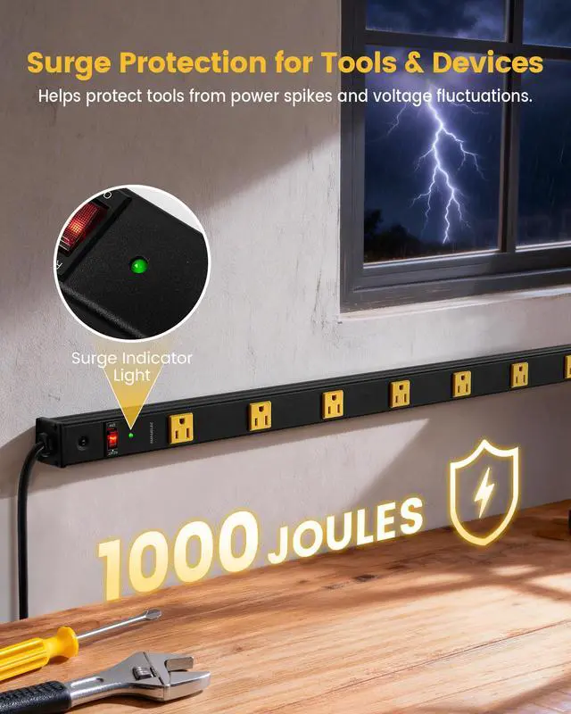 Alt view image 3 of 6 - 10 Outlet Industrial Long Power Strip Surge Protector, ETL Listed | All-Metal Housing, 6 Ft Recessed Power Strip,14AWG Cord, Straight Plug, Industrial Heavy Duty, Workshop, Garage