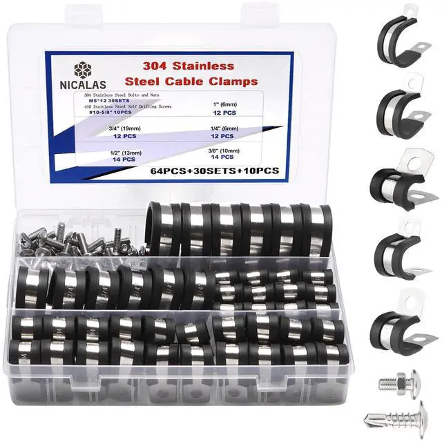 Main image of 134 PCS Cable Clamps Kit, Stainless Steel Rubber P Clamp Assortment | 5 Common Sizes,304 stainless steel with rubber cushion, includes screws, for hoses, tubes, automotive, home use