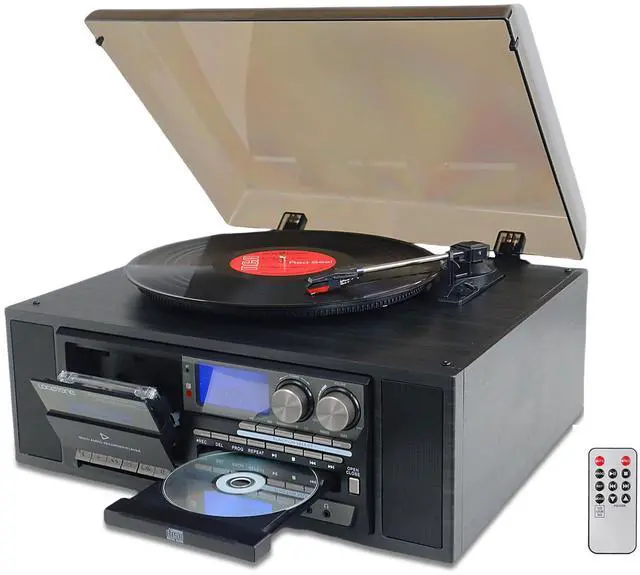 Main image of 10 in 1 Vinyl Record Player 3 Speed Bluetooth Vintage Automatic Turntable CD Cassette Player AM/FM Radio USB Recorder Aux-in RCA Line-Out (Black)