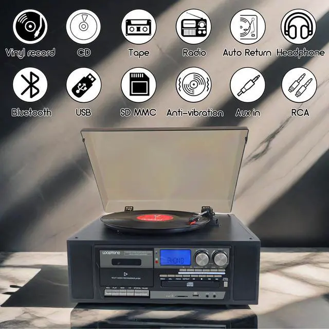 Alt view image 2 of 6 - 10 in 1 Vinyl Record Player 3 Speed Bluetooth Vintage Automatic Turntable CD Cassette Player AM/FM Radio USB Recorder Aux-in RCA Line-Out (Black)
