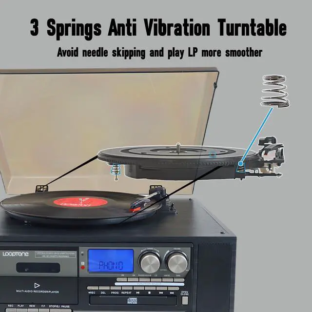 Alt view image 3 of 6 - 10 in 1 Vinyl Record Player 3 Speed Bluetooth Vintage Automatic Turntable CD Cassette Player AM/FM Radio USB Recorder Aux-in RCA Line-Out (Black)