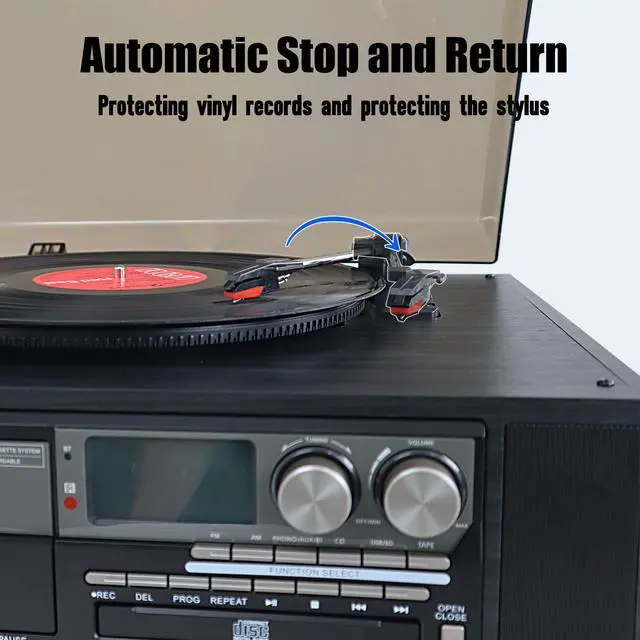 Alt view image 4 of 6 - 10 in 1 Vinyl Record Player 3 Speed Bluetooth Vintage Automatic Turntable CD Cassette Player AM/FM Radio USB Recorder Aux-in RCA Line-Out (Black)