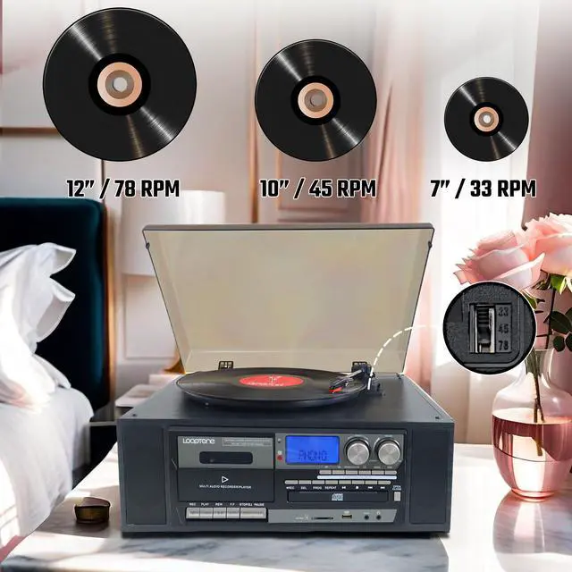 Alt view image 5 of 6 - 10 in 1 Vinyl Record Player 3 Speed Bluetooth Vintage Automatic Turntable CD Cassette Player AM/FM Radio USB Recorder Aux-in RCA Line-Out (Black)