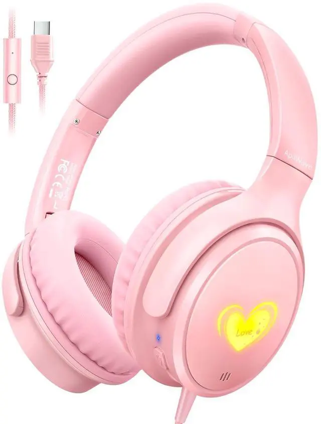 Main image of Kids Headphones Wired with HD Mic, USB C Headphones, Over Ear Headphones | LED Lights, 94dB Volume Limit, Stereo Sound Portable Foldable Lightweight for School/iPad/Tablet/Airplane Travel/Toddler
