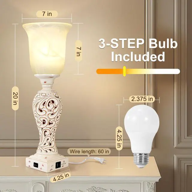 Alt view image 2 of 6 - 20" Bedside Lamp for Bedroom, 3-Way Dimmable Bulb Include, Washed White | Torchiere Uplight, 2 USB Ports, Vintage Desk Lamp with Glass Shade, Retro Rustic Nightstand Light for Living Room Entryway