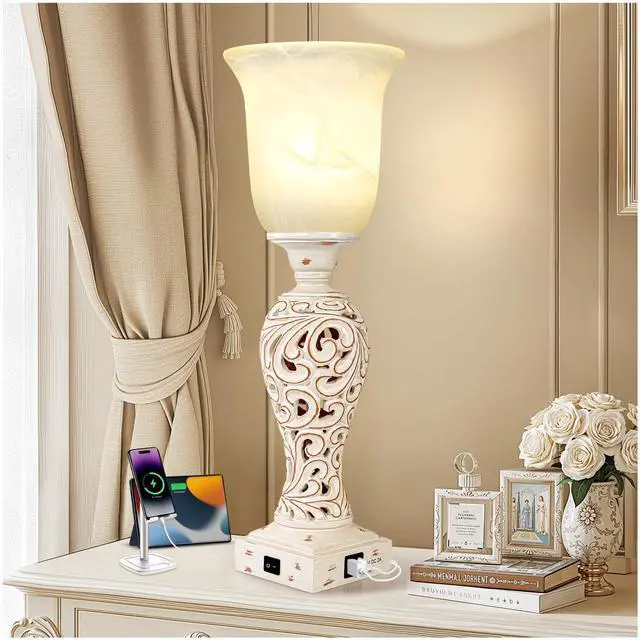 Main image of 20" Bedside Lamp for Bedroom, 3-Way Dimmable Bulb Include, Washed White | Torchiere Uplight, 2 USB Ports, Vintage Desk Lamp with Glass Shade, Retro Rustic Nightstand Light for Living Room Entryway
