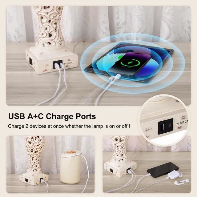 Alt view image 5 of 6 - 20" Bedside Lamp for Bedroom, 3-Way Dimmable Bulb Include, Washed White | Torchiere Uplight, 2 USB Ports, Vintage Desk Lamp with Glass Shade, Retro Rustic Nightstand Light for Living Room Entryway