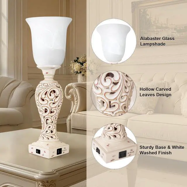Alt view image 3 of 6 - 20" Bedside Lamp for Bedroom, 3-Way Dimmable Bulb Include, Washed White | Torchiere Uplight, 2 USB Ports, Vintage Desk Lamp with Glass Shade, Retro Rustic Nightstand Light for Living Room Entryway