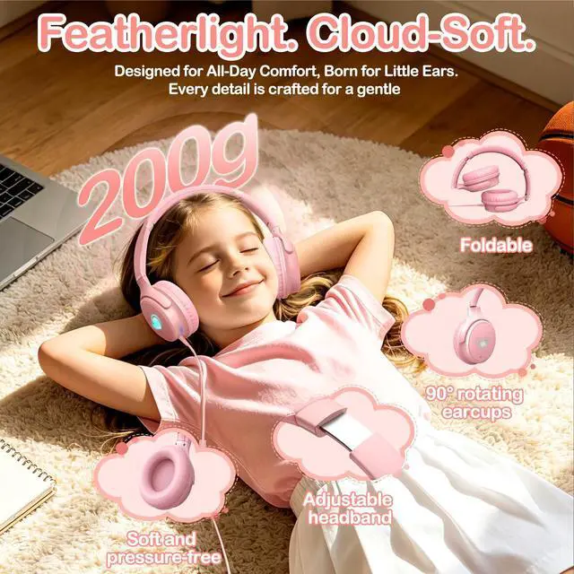 Alt view image 4 of 7 - Kids Headphones Wired with HD Mic, USB C Headphones, Over Ear Headphones | LED Lights, 94dB Volume Limit, Stereo Sound Portable Foldable Lightweight for School/iPad/Tablet/Airplane Travel/Toddler