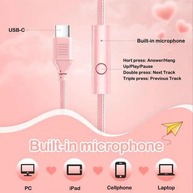 Alt view image 5 of 7 - Kids Headphones Wired with HD Mic, USB C Headphones, Over Ear Headphones | LED Lights, 94dB Volume Limit, Stereo Sound Portable Foldable Lightweight for School/iPad/Tablet/Airplane Travel/Toddler