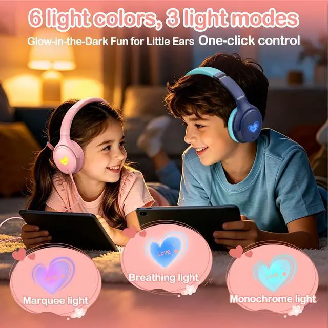 Alt view image 6 of 7 - Kids Headphones Wired with HD Mic, USB C Headphones, Over Ear Headphones | LED Lights, 94dB Volume Limit, Stereo Sound Portable Foldable Lightweight for School/iPad/Tablet/Airplane Travel/Toddler