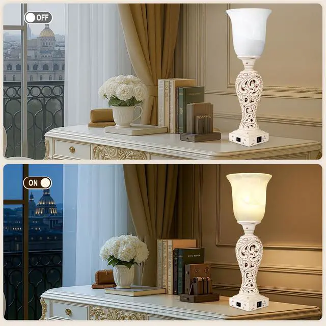 Alt view image 6 of 6 - 20" Bedside Lamp for Bedroom, 3-Way Dimmable Bulb Include, Washed White | Torchiere Uplight, 2 USB Ports, Vintage Desk Lamp with Glass Shade, Retro Rustic Nightstand Light for Living Room Entryway