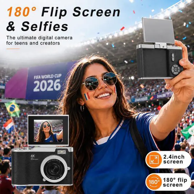 Alt view image 2 of 7 - 4K Digital Camera with Flip Screen, 4800W Point and Shoot Digital Cameras for Photography, 180° Rotating Selfie Camera with 32GB SD Card,Neck Lanyard,Fill Light for Teens Kids TravelBlack