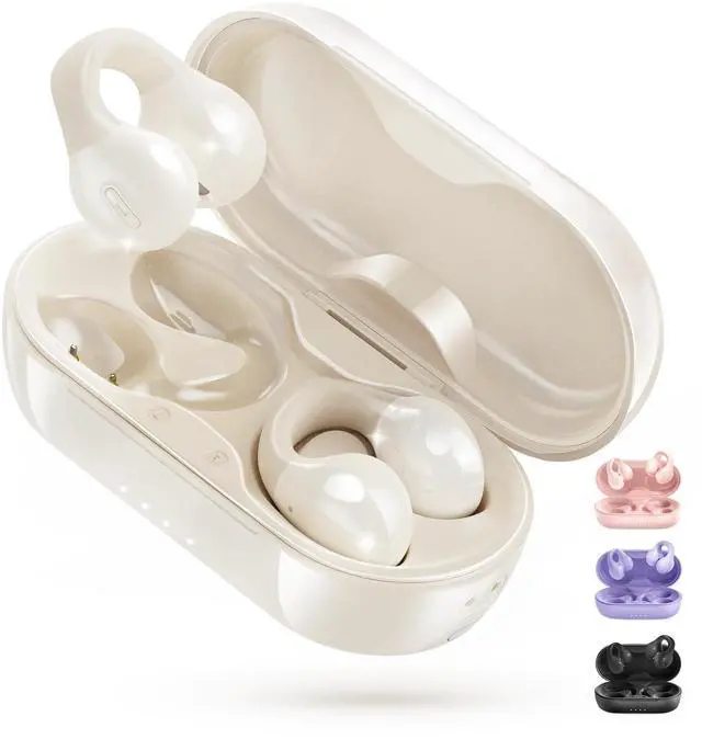 Main image of King Lucky i21 Open Ear Clip On Earbuds Wireless Bluetooth Ear Clip Headphones with Mic,Noise Cancelling, Waterproof IPX4,for Small Ears,Perfect for Running,Sports,Glasses Wearers (White)