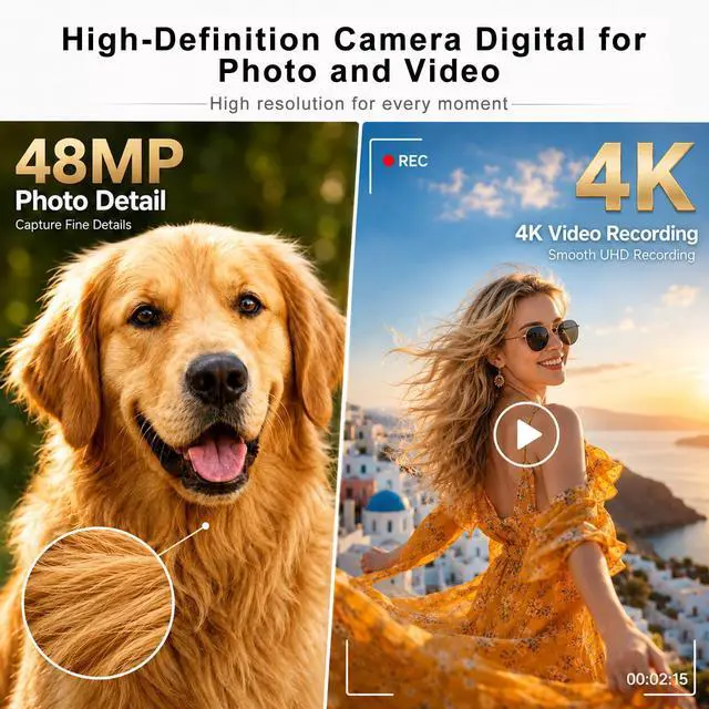 Alt view image 3 of 6 - 4K Digital Camera with Flip Screen, 4800W Point and Shoot Digital Cameras for Photography, 180° Rotating Selfie Camera with 32GB SD Card,Neck Lanyard,Fill Light for Teens Kids Travel(White)