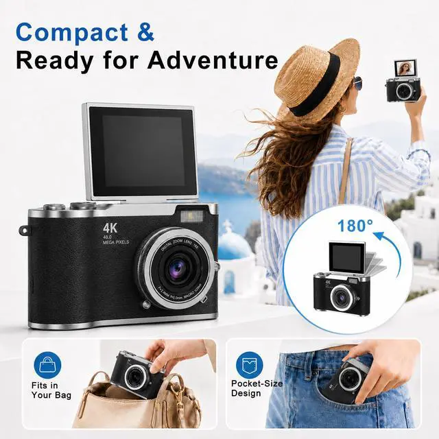 Alt view image 6 of 7 - 4K Digital Camera with Flip Screen, 4800W Point and Shoot Digital Cameras for Photography, 180° Rotating Selfie Camera with 32GB SD Card,Neck Lanyard,Fill Light for Teens Kids TravelBlack