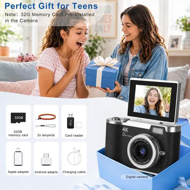 Alt view image 7 of 7 - 4K Digital Camera with Flip Screen, 4800W Point and Shoot Digital Cameras for Photography, 180° Rotating Selfie Camera with 32GB SD Card,Neck Lanyard,Fill Light for Teens Kids TravelBlack