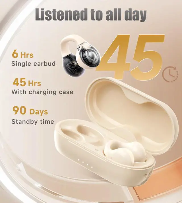 Alt view image 6 of 7 - King Lucky i21 Open Ear Clip On Earbuds Wireless Bluetooth Ear Clip Headphones with Mic,Noise Cancelling, Waterproof IPX4,for Small Ears,Perfect for Running,Sports,Glasses Wearers (White)