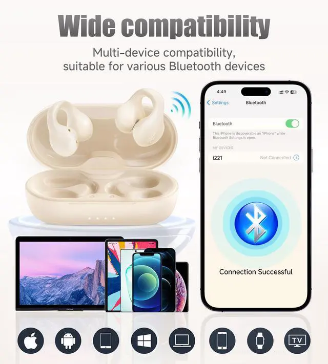 Alt view image 7 of 7 - King Lucky i21 Open Ear Clip On Earbuds Wireless Bluetooth Ear Clip Headphones with Mic,Noise Cancelling, Waterproof IPX4,for Small Ears,Perfect for Running,Sports,Glasses Wearers (White)