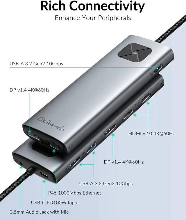 Alt view image 2 of 7 - LK10 10 in 1 Docking Station with Triple Display for Windows | 2 x HDMI, 2 x DP, 3 x USB-A 10 Gbps, 1 Gbps Ethernet, 100W PD, 3.5MM Audio, compatible with M1/M2 Macbook Neo/Dell/Lenovo/HP