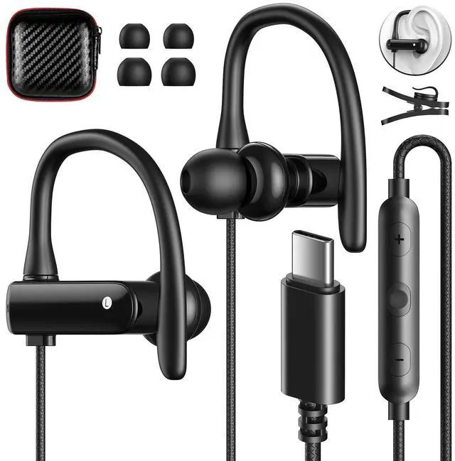 Main image of USB C Headphones Over Ear Hook for iPhone 17 16 15 Pro Max Plus | Wrap Around Ear Bud with Mic Type C Earphone Running Sport Wired Earbuds for Samsung S26 S25 S24 Ultra S23 S22/Pixel 10 Black