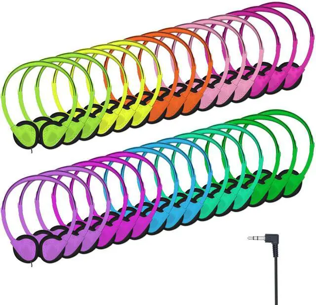 Main image of 20 Pack Headphones for Kids Students School Classroom | Adjustable, 3.5mm Jack, Multi Color, Bulk Earphones for Library Children Adults