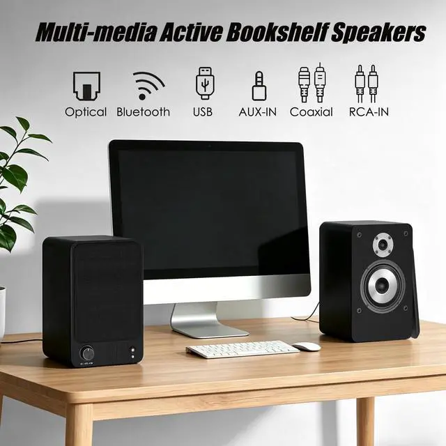 Alt view image 2 of 6 - 100W HiFi Active Bookshelf Speakers with Bluetooth | 1" Silk Tweeter & 4" Aluminum Woofer, DSP Audio Optimization for TV, Record Player & Home Theater