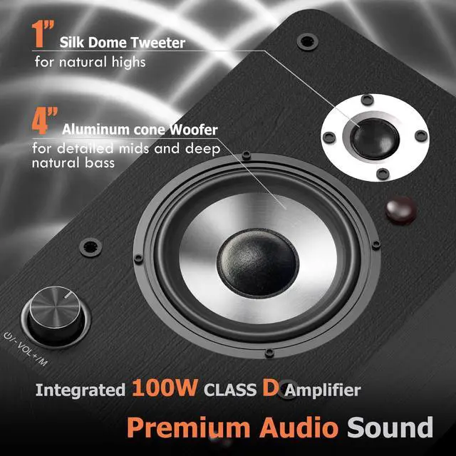 Alt view image 4 of 6 - 100W HiFi Active Bookshelf Speakers with Bluetooth | 1" Silk Tweeter & 4" Aluminum Woofer, DSP Audio Optimization for TV, Record Player & Home Theater