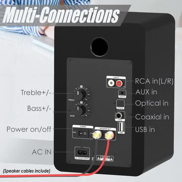 Alt view image 5 of 6 - 100W HiFi Active Bookshelf Speakers with Bluetooth | 1" Silk Tweeter & 4" Aluminum Woofer, DSP Audio Optimization for TV, Record Player & Home Theater