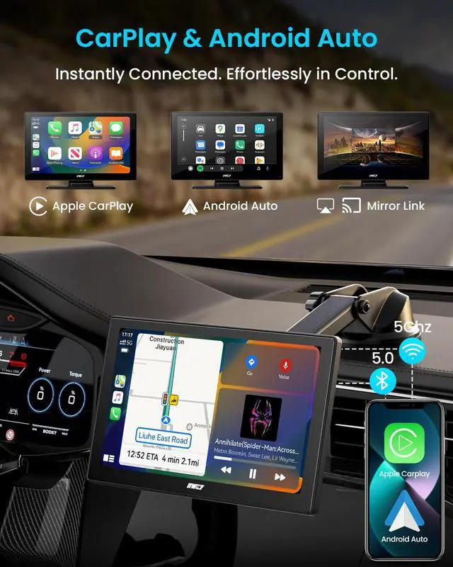 Alt view image 2 of 7 - IK5 9" Wireless Apple CarPlay & Android Auto Screen, Portable Car Stereo with 4K Dash Cam & 1080p Backup Camera, Add CarPlay to Any Vehicle, Touchscreen, Mirror Link