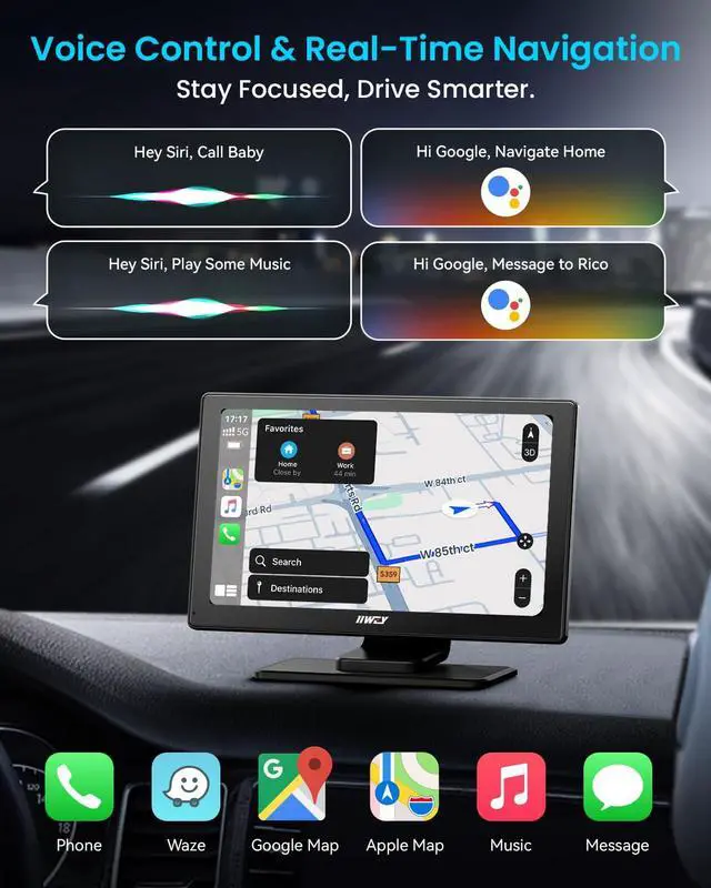 Alt view image 3 of 7 - IK5 9" Wireless Apple CarPlay & Android Auto Screen, Portable Car Stereo with 4K Dash Cam & 1080p Backup Camera, Add CarPlay to Any Vehicle, Touchscreen, Mirror Link