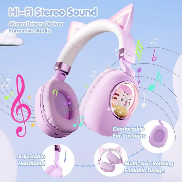 Alt view image 6 of 7 - Cat Ear Headphones for Kids - Bluetooth 5.4 On-Ear Noise Cancelling Headphones with Microphone 85dB Safe Volume Limit Wireless or 3.5mm Wired Mode USB C for School Learning Travel (Purple)