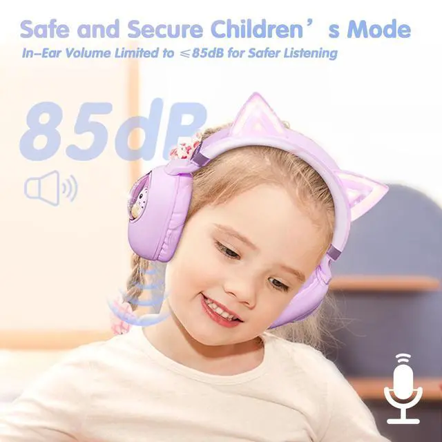 Alt view image 4 of 7 - Cat Ear Headphones for Kids - Bluetooth 5.4 On-Ear Noise Cancelling Headphones with Microphone 85dB Safe Volume Limit Wireless or 3.5mm Wired Mode USB C for School Learning Travel (Purple)