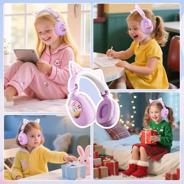 Alt view image 7 of 7 - Cat Ear Headphones for Kids - Bluetooth 5.4 On-Ear Noise Cancelling Headphones with Microphone 85dB Safe Volume Limit Wireless or 3.5mm Wired Mode USB C for School Learning Travel (Purple)