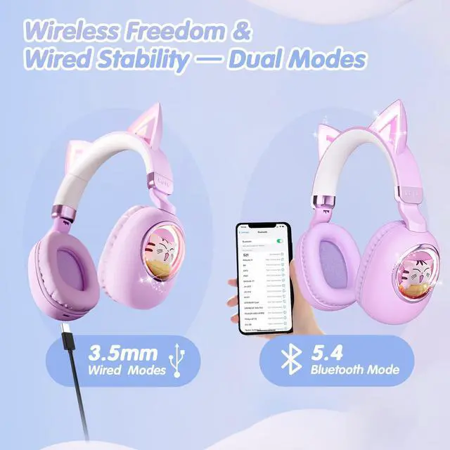 Alt view image 3 of 7 - Cat Ear Headphones for Kids - Bluetooth 5.4 On-Ear Noise Cancelling Headphones with Microphone 85dB Safe Volume Limit Wireless or 3.5mm Wired Mode USB C for School Learning Travel (Purple)