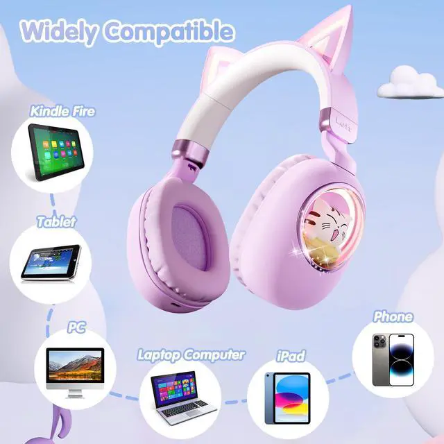 Alt view image 2 of 7 - Cat Ear Headphones for Kids - Bluetooth 5.4 On-Ear Noise Cancelling Headphones with Microphone 85dB Safe Volume Limit Wireless or 3.5mm Wired Mode USB C for School Learning Travel (Purple)