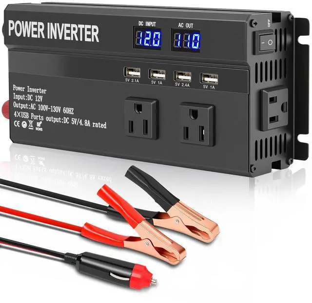 Main image of 1200W Power Peak Inverter, with Fast Charging 2.4A 4 USB and 3 AC Outlets | Car Power Inverter 12v to 110v for Vehicle Power Needs, Road Trips, Camping, RV, and Truck