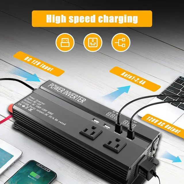 Alt view image 5 of 7 - 1200W Power Peak Inverter, with Fast Charging 2.4A 4 USB and 3 AC Outlets | Car Power Inverter 12v to 110v for Vehicle Power Needs, Road Trips, Camping, RV, and Truck