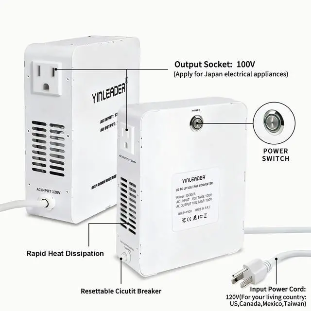 Alt view image 3 of 7 - 1500W US 120V to 100V JP Japan Voltage Converter Step Down Transformer | Ideal for Japanese Electronic Devices(White)