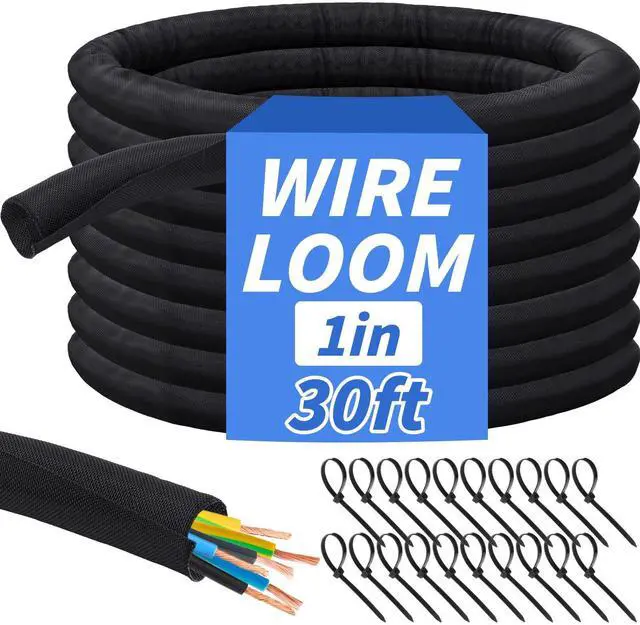 Main image of 30ft - 1in Split Braided Sleeve Cable Management, Self-Wrapping | Flexible loom tubing protects wires from abrasion and heat. Great for automotive, TV, computer, and home electrical use