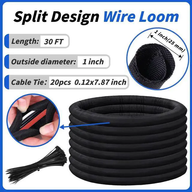Alt view image 2 of 7 - 30ft - 1in Split Braided Sleeve Cable Management, Self-Wrapping | Flexible loom tubing protects wires from abrasion and heat. Great for automotive, TV, computer, and home electrical use
