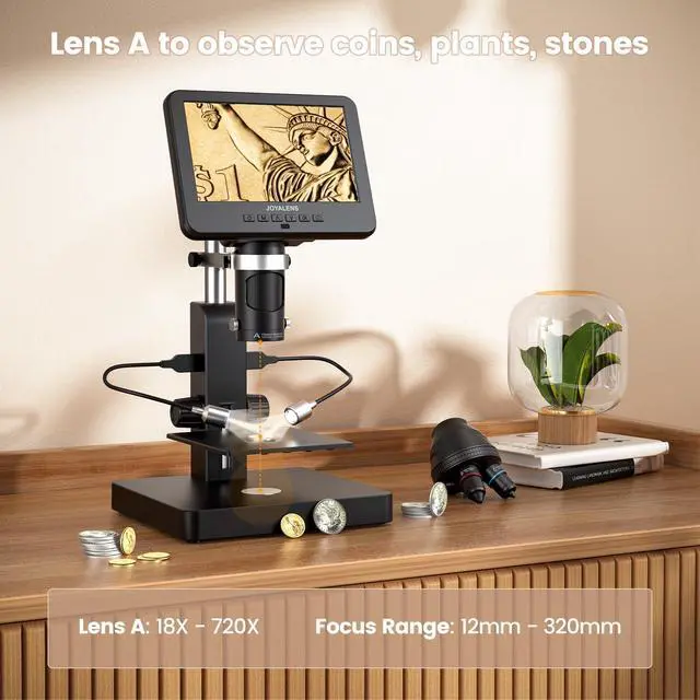Alt view image 4 of 7 - JL246PS 3 Lens 7'' HDMI Digital Microscope 4000X, Biological Microscope for Adults Kids with Prepared Slides, UHD 2160P Video, Full Coin Microscope for Error Coins, Windows Compatible, 32GB