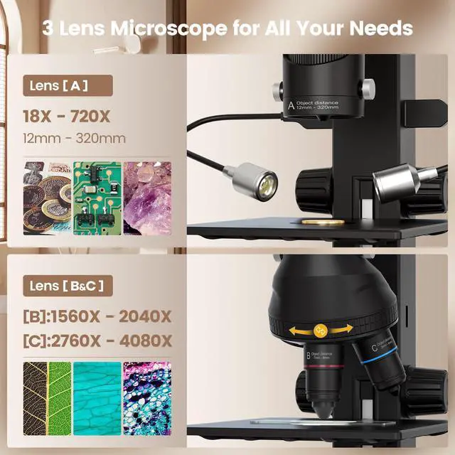 Alt view image 2 of 7 - JL246PS 3 Lens 7'' HDMI Digital Microscope 4000X, Biological Microscope for Adults Kids with Prepared Slides, UHD 2160P Video, Full Coin Microscope for Error Coins, Windows Compatible, 32GB