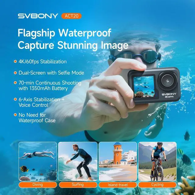 Alt view image 2 of 7 - ACT20 (2nd) 4K/60FPS Waterproof Underwater Camera 40FT Without Case | 6-Axis + AI Stabilization, Dual IPS Screen with Voice Control, 2 Battery for Snorkeling, Skiing