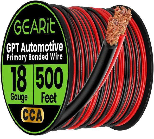 Main image of 18 Gauge 2-Conductor Primary Wire CCA, 18 AWG Copper Clad Aluminum Black & Red Bonded Zip Cord, 500 ft Roll for Automotive, Trailer, Lighting, Speaker and Low Voltage Wiring